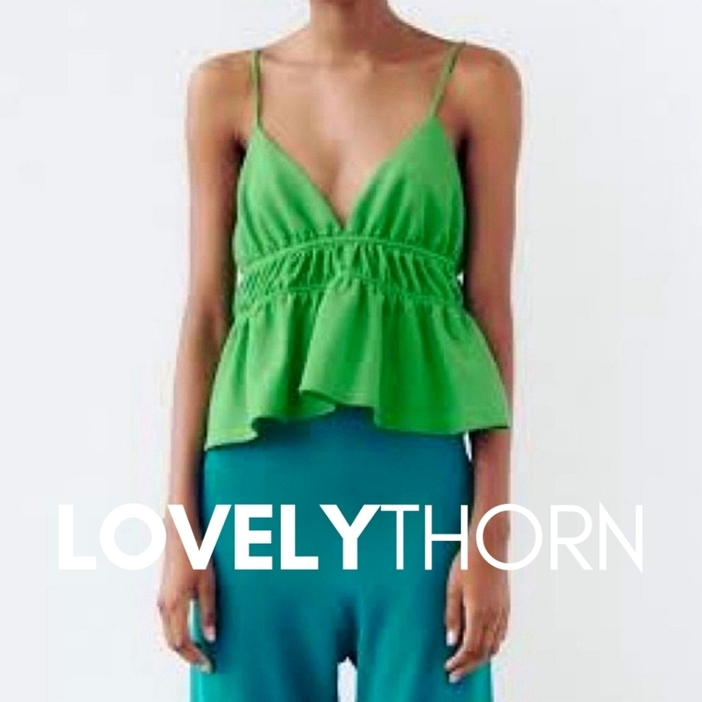 ZARA // baby grass green plunge swing peplum tank top